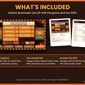 An overview graphic displaying the included PowerPoint game file, Host Guide PDF, and Answer Key PDF.