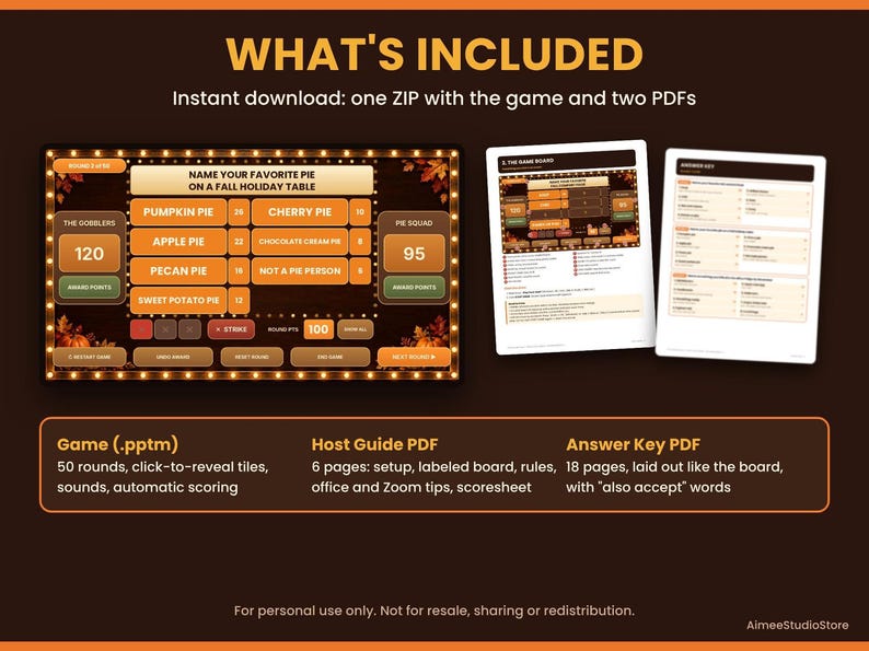 An overview graphic displaying the included PowerPoint game file, Host Guide PDF, and Answer Key PDF.