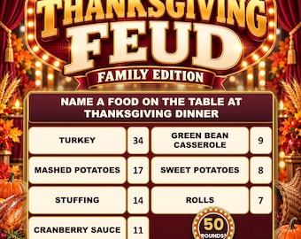 Może przedstawiać: Plansza do gry Thanksgiving Feud Family Edition z podświetlanym na złoto napisem tytułowym oraz tablicą wyników z listą potraw, takich jak indyk, puree ziemniaczane, farsz, sos żurawinowy, fasolka szparagowa, bataty i bułeczki.