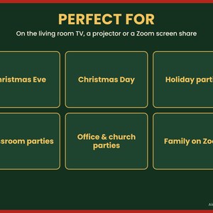 May include: A dark green graphic with gold text reading PERFECT FOR On the living room TV, a projector or a Zoom screen share. Six gold-outlined boxes contain the text Christmas Eve, Christmas Day, Holiday parties, Classroom parties, Office & church parties, and Family on Zoom. AimeeStudioStore is at the bottom.