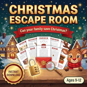 May include: A Christmas Escape Room printable game kit featuring puzzle sheets, a red envelope with a wax seal, a gold combination padlock, and a magnifying glass. The text reads Christmas Escape Room, Can your family save Christmas, and Instant Download.