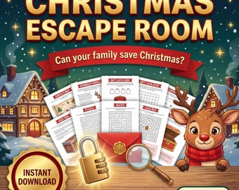 Może przedstawiać: Zestaw do druku Christmas Escape Room zawierający arkusze z zagadkami, czerwoną kopertę z pieczęcią lakową, złotą kłódkę szyfrową i lupę. Tekst głosi Christmas Escape Room, Can your family save Christmas oraz Instant Download.