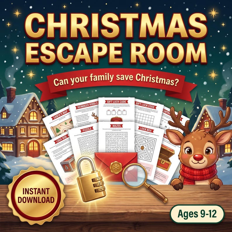 May include: A Christmas Escape Room printable game kit featuring puzzle sheets, a red envelope with a wax seal, a gold combination padlock, and a magnifying glass. The text reads Christmas Escape Room, Can your family save Christmas, and Instant Download.