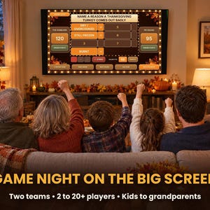 Family sitting on a couch cheering while watching the Fall Friendly Feud game on a large screen television.
