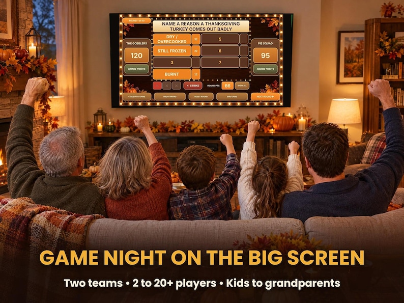 Family sitting on a couch cheering while watching the Fall Friendly Feud game on a large screen television.