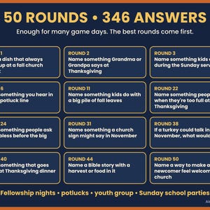 Puede incluir: Una tarjeta de juego azul oscuro con el texto 50 ROUNDS 346 ANSWERS y Enough for many game days. The best rounds come first. Enumera doce rondas numeradas con preguntas sobre Acci&oacute;n de Gracias y eventos de la iglesia, terminando con Fellowship nights, potlucks, youth group, Sunday school parties y AimeeStudioStore.
