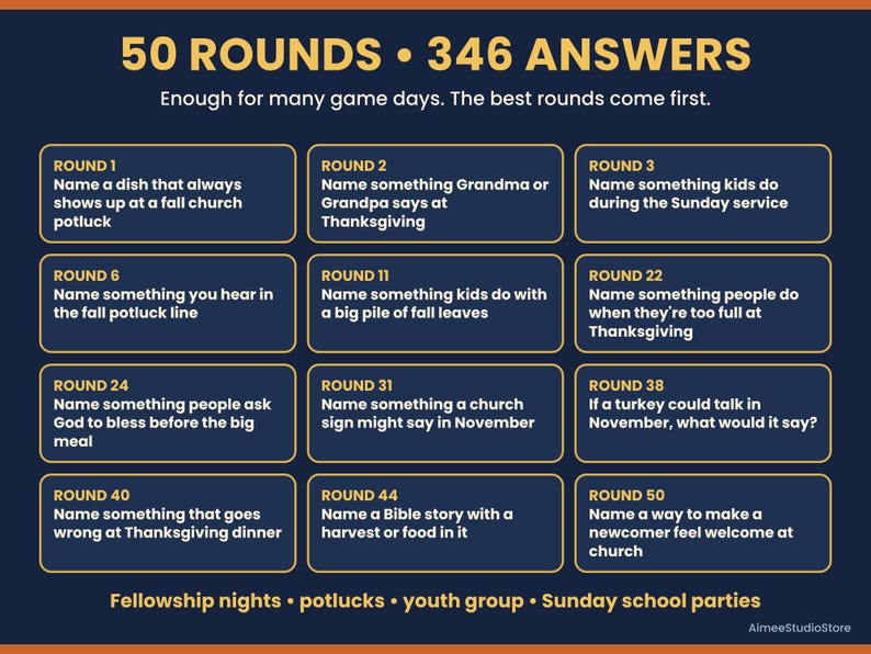 Puede incluir: Una tarjeta de juego azul oscuro con el texto 50 ROUNDS 346 ANSWERS y Enough for many game days. The best rounds come first. Enumera doce rondas numeradas con preguntas sobre Acci&oacute;n de Gracias y eventos de la iglesia, terminando con Fellowship nights, potlucks, youth group, Sunday school parties y AimeeStudioStore.