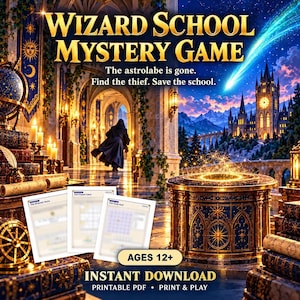 Puede incluir: Juego de misterio Wizard School en PDF imprimible con un castillo de fantasía, una figura encapuchada, un astrolabio y documentos de juego. Texto: Wizard School Mystery Game, The astrolabe is gone. Find the thief. Save the school. Edad 12+.