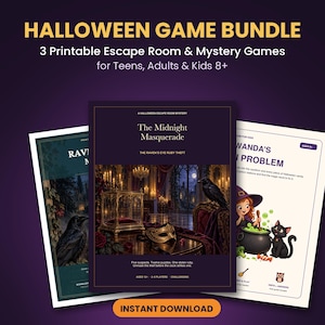 Könnte beinhalten: Ein Halloween-Spielpaket mit drei druckbaren Escape-Room- und Mystery-Spielen. Das zentrale Dokument trägt den Titel The Midnight Masquerade: The Raven's Eye Ruby Theft und zeigt einen dunklen Raum mit einem Raben und einer Maske.