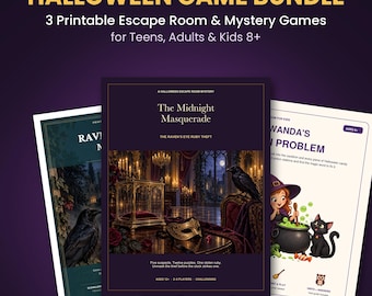Może przedstawiać: Zestaw gier na Halloween zawierający trzy gry typu escape room i zagadki do druku. Główny dokument nosi tytuł The Midnight Masquerade: The Raven's Eye Ruby Theft i przedstawia ciemny pokój z krukiem oraz maską.
