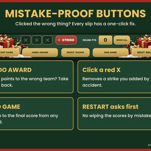 May include: A digital interface graphic titled MISTAKE-PROOF BUTTONS with text explaining game controls. It features buttons labeled RESTART GAME, UNDO AWARD, RESET ROUND, END GAME, and NEXT ROUND, plus a STRIKE indicator and a score display.