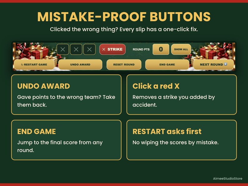 May include: A digital interface graphic titled MISTAKE-PROOF BUTTONS with text explaining game controls. It features buttons labeled RESTART GAME, UNDO AWARD, RESET ROUND, END GAME, and NEXT ROUND, plus a STRIKE indicator and a score display.