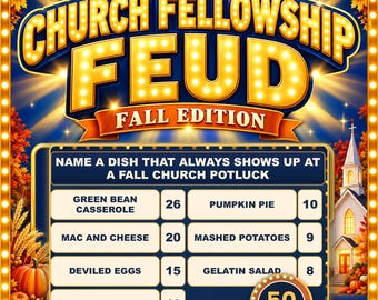 Może przedstawiać: Cyfrowa plansza do gry zatytułowana Church Fellowship Feud Fall Edition przedstawiająca listę potraw z wynikami: Green Bean Casserole 26, Mac and Cheese 20, Deviled Eggs 15, Fried Chicken 12, Pumpkin Pie 10, Mashed Potatoes 9 oraz Gelatin Salad 8.