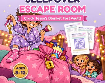 Może przedstawiać: Zestaw do gry do druku Sleepover Escape Room z tekstem Crack Tessa's Blanket Fort Vault! oraz Ages 8-12. Ilustracja przedstawia postać w piżamie w gwiazdki trzymającą złoty klucz i latarkę przy zamkniętej na kłódkę różowej torbie.