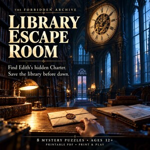 Sala de escape en la biblioteca para adolescentes y adultos mayores de 12 años: El archivo prohibido, 8 rompecabezas misteriosos (PDF imprimible).
