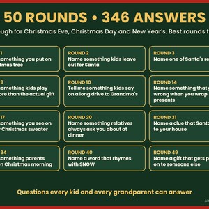 May include: A dark green game card featuring the text 50 ROUNDS 346 ANSWERS and Enough for Christmas Eve, Christmas Day and New Year's. Best rounds first. It lists twelve numbered rounds with holiday-themed trivia questions.