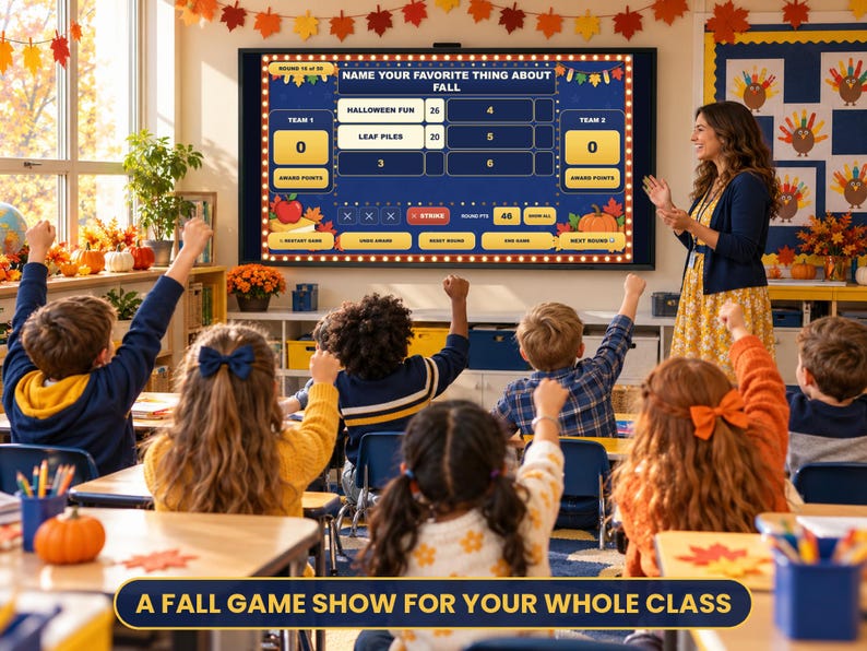 May include: A classroom scene with a digital game show on a screen titled NAME YOUR FAVORITE THING ABOUT FALL. Students sit at desks with hands raised while a teacher stands nearby. The screen displays game categories and scores.