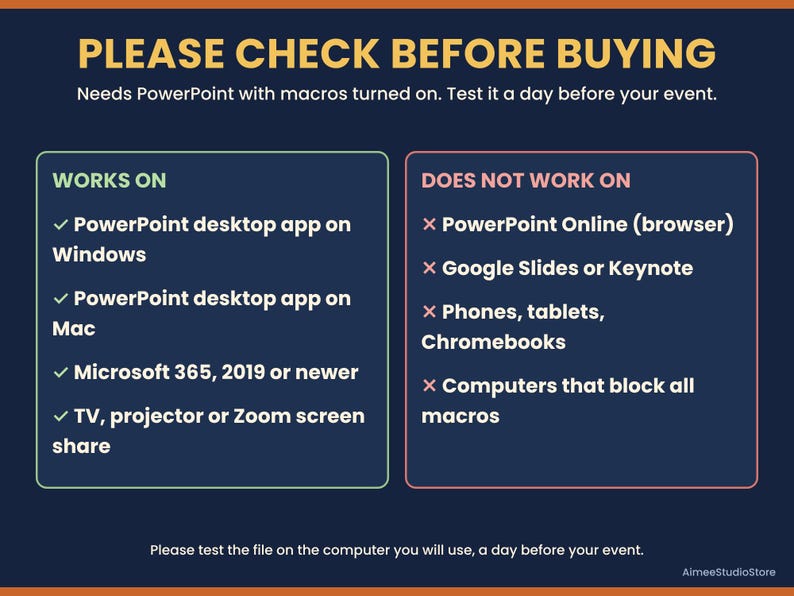 Puede incluir: Un gr&aacute;fico informativo con fondo azul oscuro titulado PLEASE CHECK BEFORE BUYING. Enumera los requisitos de compatibilidad para PowerPoint con macros, especificando que funciona en aplicaciones de escritorio para Windows y Mac, Microsoft 365, 2019 o posterior, y pantalla compartida, mientras que no funciona en navegadores, dispositivos m&oacute;viles o computadoras restringidas.