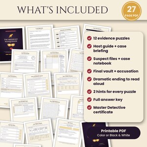 Puede incluir: Un kit de juego en PDF de 27 p&aacute;ginas titulado The Midnight Masquerade, que incluye documentos imprimibles como acertijos de evidencia, gu&iacute;a del anfitri&oacute;n, archivos de sospechosos, cuaderno de casos, b&oacute;veda final y certificado.