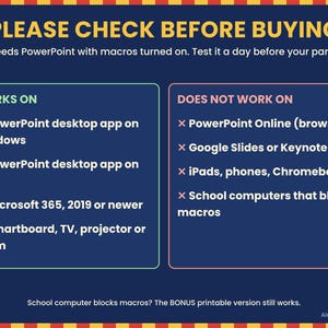May include: A dark blue informational graphic titled PLEASE CHECK BEFORE BUYING. It lists compatibility requirements for PowerPoint with macros, noting it works on desktop apps for Windows and Mac, Microsoft 365, and projectors, but not online.
