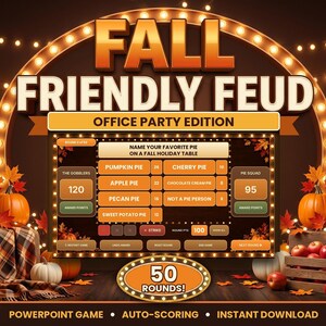 An autumn-themed game board mockup featuring lit marquee lights, pumpkins, and a crate of apples.