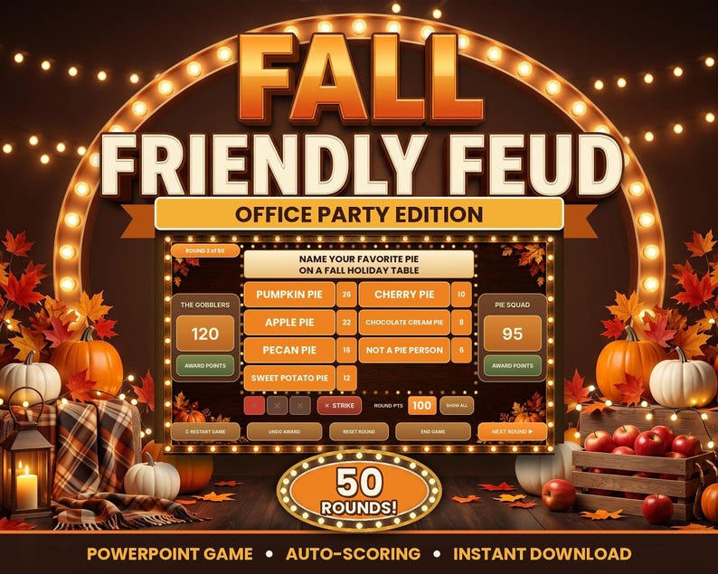An autumn-themed game board mockup featuring lit marquee lights, pumpkins, and a crate of apples.