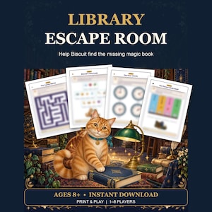 May include: A Library Escape Room game kit featuring an orange tabby cat with a blue collar, a green desk lamp, and stacks of books. The text reads Library Escape Room, Help Biscuit find the missing magic book, Ages 8+, Instant Download, Print & Play, 1-8 players.