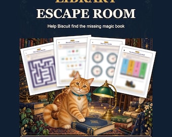 Może przedstawiać: Zestaw do gry Library Escape Room z pomarańczowym kotem pręgowanym w niebieskiej obroży, zieloną lampką biurkową i stosami książek. Tekst głosi Library Escape Room, Help Biscuit find the missing magic book, Ages 8+, Instant Download, Print & Play, 1-8 players.