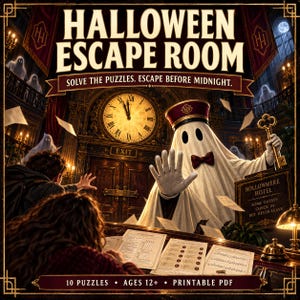 Puede incluir: Un juego de Halloween Escape Room en PDF imprimible con un conserje de hotel fantasma con gorra roja y pajarita sosteniendo una llave dorada. La escena incluye un gran reloj, papeles flotantes y un letrero que dice Hollowmere Hotel: Some guests check in but never leave.