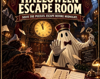 Może przedstawiać: Gra Halloween Escape Room w formacie PDF do druku przedstawiająca ducha konsjerża w czerwonej czapce i muszce, trzymającego złoty klucz. Scena zawiera duży zegar, unoszące się w powietrzu papiery oraz znak z napisem Hollowmere Hotel: Some guests check in but never leave.