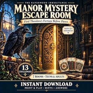 Escape Room PDF, Misterio en la Mansión Ravenwood con 13 acertijos avanzados para mayores de 12 años.