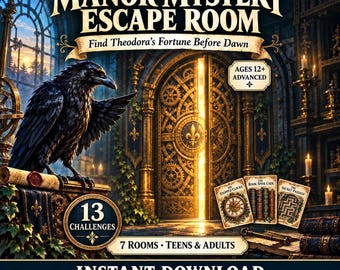 Escape Room PDF, tajemnica Ravenwood Manor z 13 zaawansowanymi łamigłówkami dla osób w wieku 12+