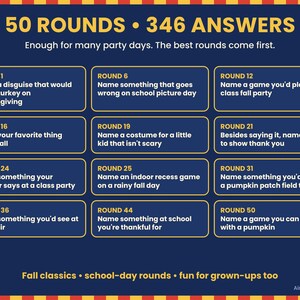 May include: A dark blue game card featuring the text 50 ROUNDS 346 ANSWERS and Enough for many party days. The best rounds come first. It lists various prompts like Name a disguise that would hide a turkey on Thanksgiving and Name something you'd do on a pumpkin patch field trip.
