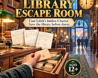 Może przedstawiać: Gra typu escape room w bibliotece do druku zatytułowana The Forbidden Archive, zawierająca karty do gry, drewniane biurko z szufladą, zieloną lampę i duży zegar. Tekst brzmi Find Edith's hidden Charter. Save the library before dawn. Ages 12+.