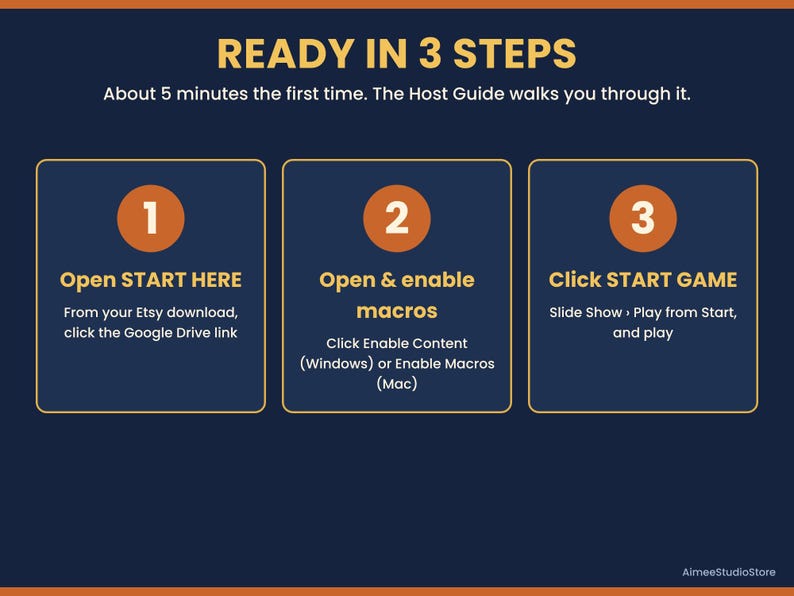 Puede incluir: Un gr&aacute;fico instructivo azul oscuro titulado READY IN 3 STEPS. Describe tres pasos: 1. Abrir START HERE mediante un enlace de Google Drive, 2. Abrir y habilitar macros, y 3. Hacer clic en START GAME para jugar. Incluye instrucciones para Windows y Mac.