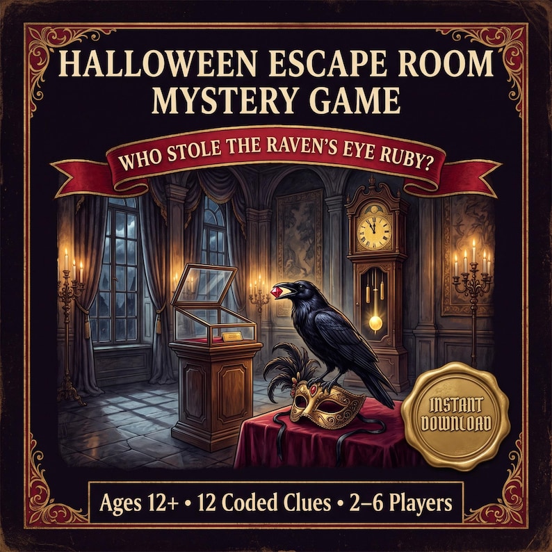 Puede incluir: Juego de misterio Halloween Escape Room titulado Who Stole The Raven's Eye Ruby? con un cuervo negro sosteniendo un rub&iacute;, una m&aacute;scara dorada, una vitrina y un reloj. Texto: Ages 12+, 12 Coded Clues, 2-6 Players, Instant Download.