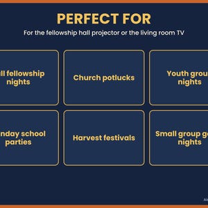 Puede incluir: Un gr&aacute;fico azul oscuro con texto amarillo que dice PERFECT FOR, For the fellowship hall projector or the living room TV, y seis cajas que contienen el texto Fall fellowship nights, Church potlucks, Youth group nights, Sunday school parties, Harvest festivals, Small group game nights y AimeeStudioStore.