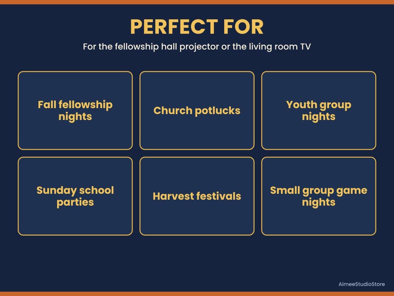 Puede incluir: Un gr&aacute;fico azul oscuro con texto amarillo que dice PERFECT FOR, For the fellowship hall projector or the living room TV, y seis cajas que contienen el texto Fall fellowship nights, Church potlucks, Youth group nights, Sunday school parties, Harvest festivals, Small group game nights y AimeeStudioStore.