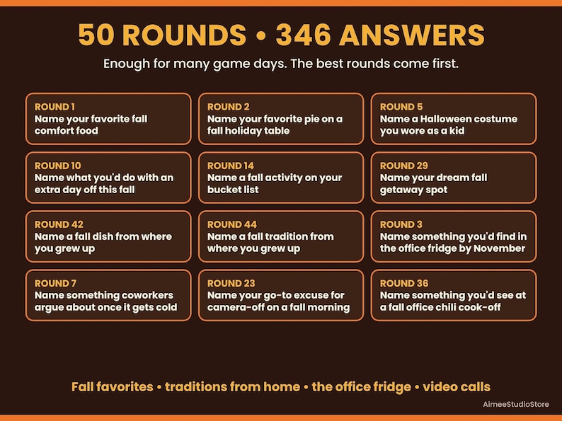 A summary slide showing examples of the 50 rounds and 346 answers included in the download.