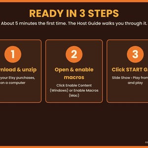 A three-step setup guide for downloading, enabling macros, and starting the PowerPoint game.