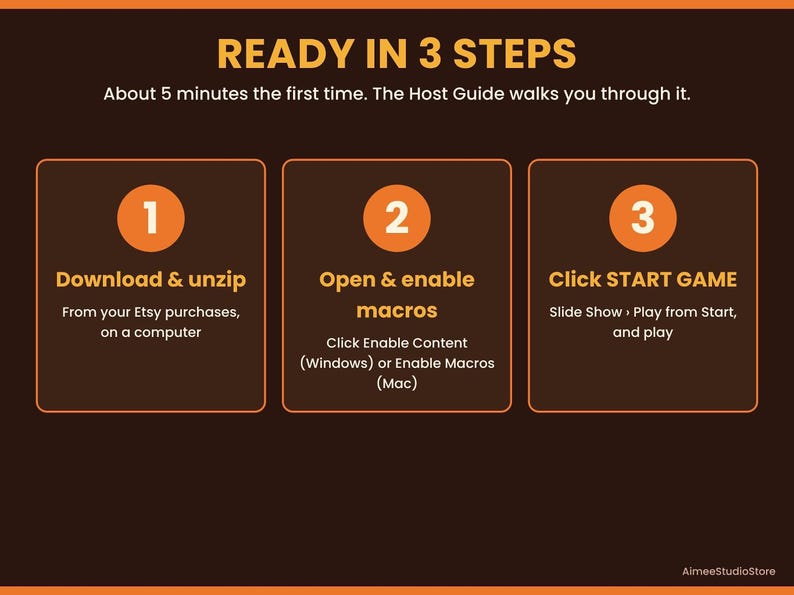 A three-step setup guide for downloading, enabling macros, and starting the PowerPoint game.