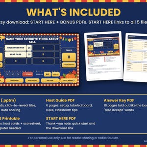 May include: A digital game bundle featuring a fall-themed trivia board with text reading NAME YOUR FAVORITE THING ABOUT FALL, HALLOWEEN FUN, and LEAF PILES. Includes a host guide, answer key, and bonus printables for a 50-round interactive game.