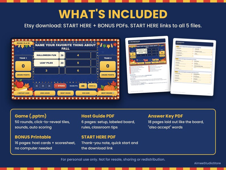 May include: A digital game bundle featuring a fall-themed trivia board with text reading NAME YOUR FAVORITE THING ABOUT FALL, HALLOWEEN FUN, and LEAF PILES. Includes a host guide, answer key, and bonus printables for a 50-round interactive game.