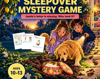 Może przedstawiać: Gra Sleepover Mystery Game The Stolen Time Capsule to plik PDF do druku dla 6-12 graczy w wieku 10-13 lat. Zawiera historię o zaginionym liście, zilustrowaną dwójką dzieci i psem wykopującymi puszkę z motywem cytryn.