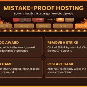 Informational graphic explaining mistake-proof hosting controls for undoing awards, removing strikes, ending, and restarting games.