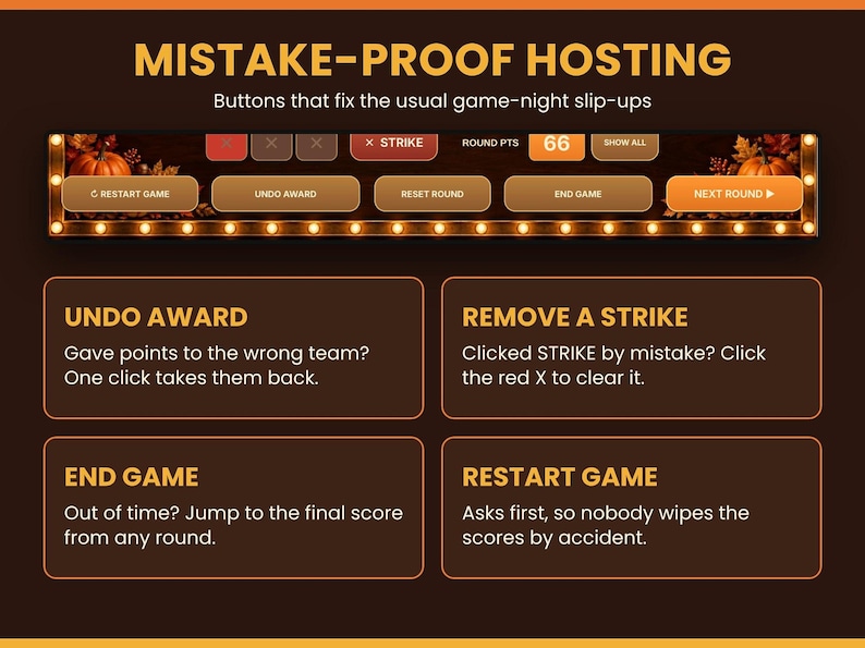 Informational graphic explaining mistake-proof hosting controls for undoing awards, removing strikes, ending, and restarting games.