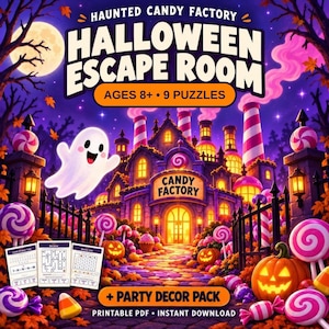 May include: A Haunted Candy Factory Halloween Escape Room game kit featuring a purple night scene with a ghost, candy-striped chimneys, jack-o'-lanterns, and large lollipops. Includes nine puzzles, a party decor pack, and printable PDF files.
