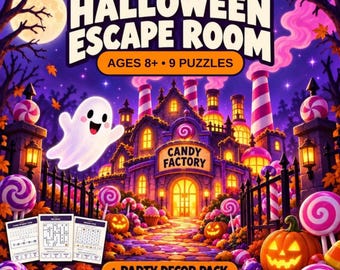 Może przedstawiać: Zestaw do gry Haunted Candy Factory Halloween Escape Room z fioletową nocną scenerią, duchem, kominami w paski, dyniami i dużymi lizakami. Zawiera dziewięć zagadek, zestaw dekoracji imprezowych i pliki PDF do druku.
