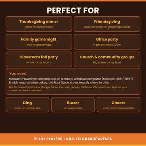 An informational slide titled Perfect For detailing event types like Thanksgiving dinner and family game night, alongside requirements and audio features.