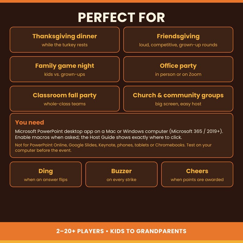 An informational slide titled Perfect For detailing event types like Thanksgiving dinner and family game night, alongside requirements and audio features.